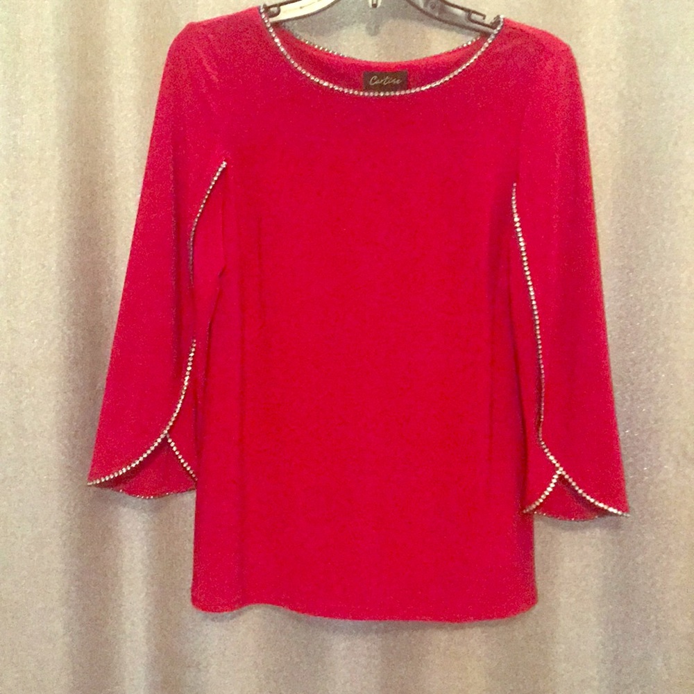 Red dress top with diamond rhinestones trim